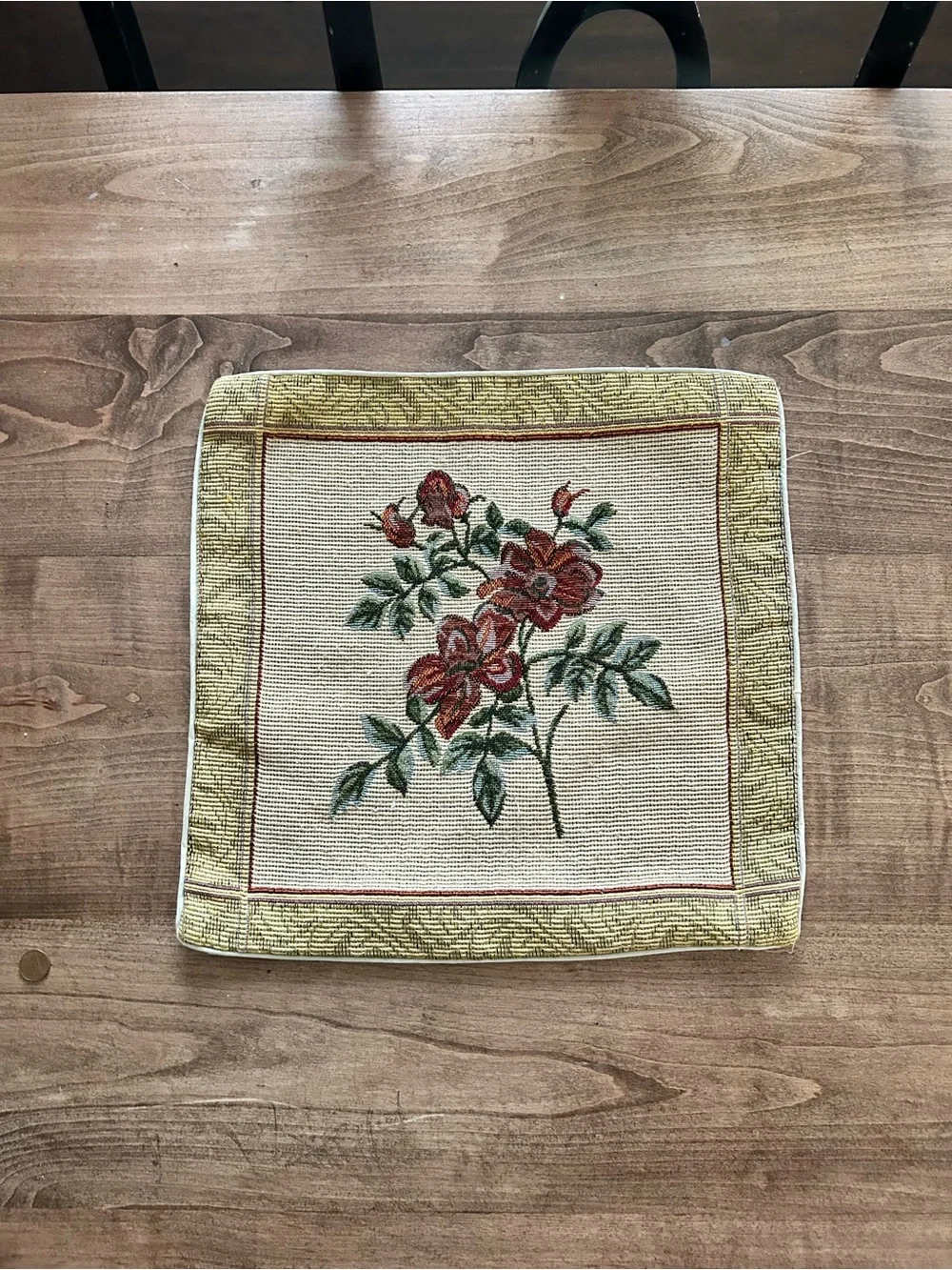 Vintage Floral Tapestry Pillow Cases - Red & Green Flowers on Cream